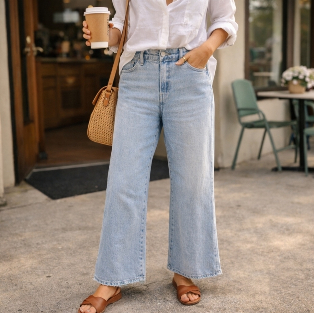 Good American Light Wash Wide Leg Jeans | High Rise Flare | Size 10/30